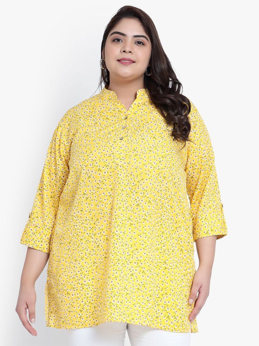 

Indietoga Floral Print Mandarin Collar Roll-Up Sleeves Crepe Top, Yellow