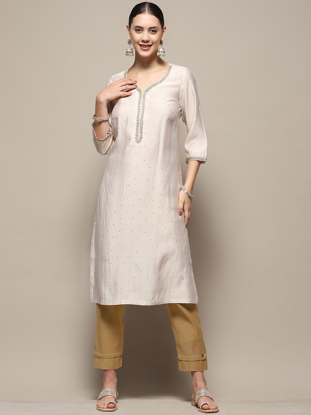 

Biba V-Neck Beaded Straight Kurta, Beige
