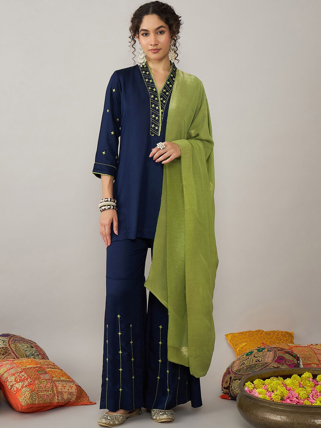 

STADO Ethnic Motifs Yoke Design Thread Work Kurta with Sharara & Dupatta, Navy blue