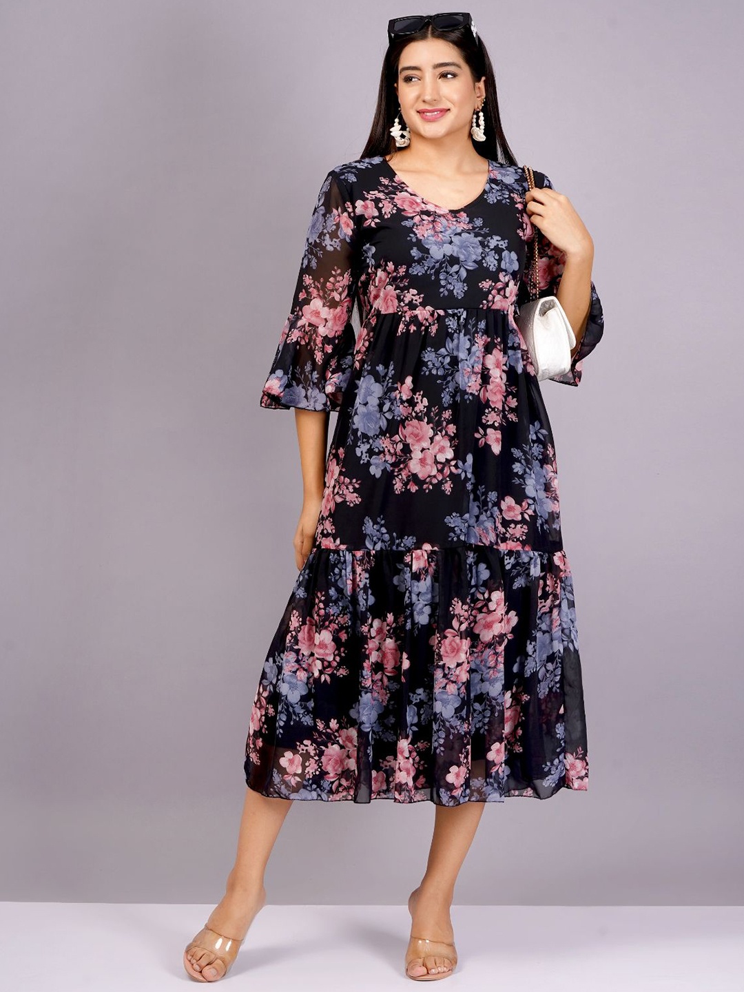 

HIGHLIGHT FASHION EXPORT Floral Print Bell Sleeve Georgette Empire Midi Dress, Peach