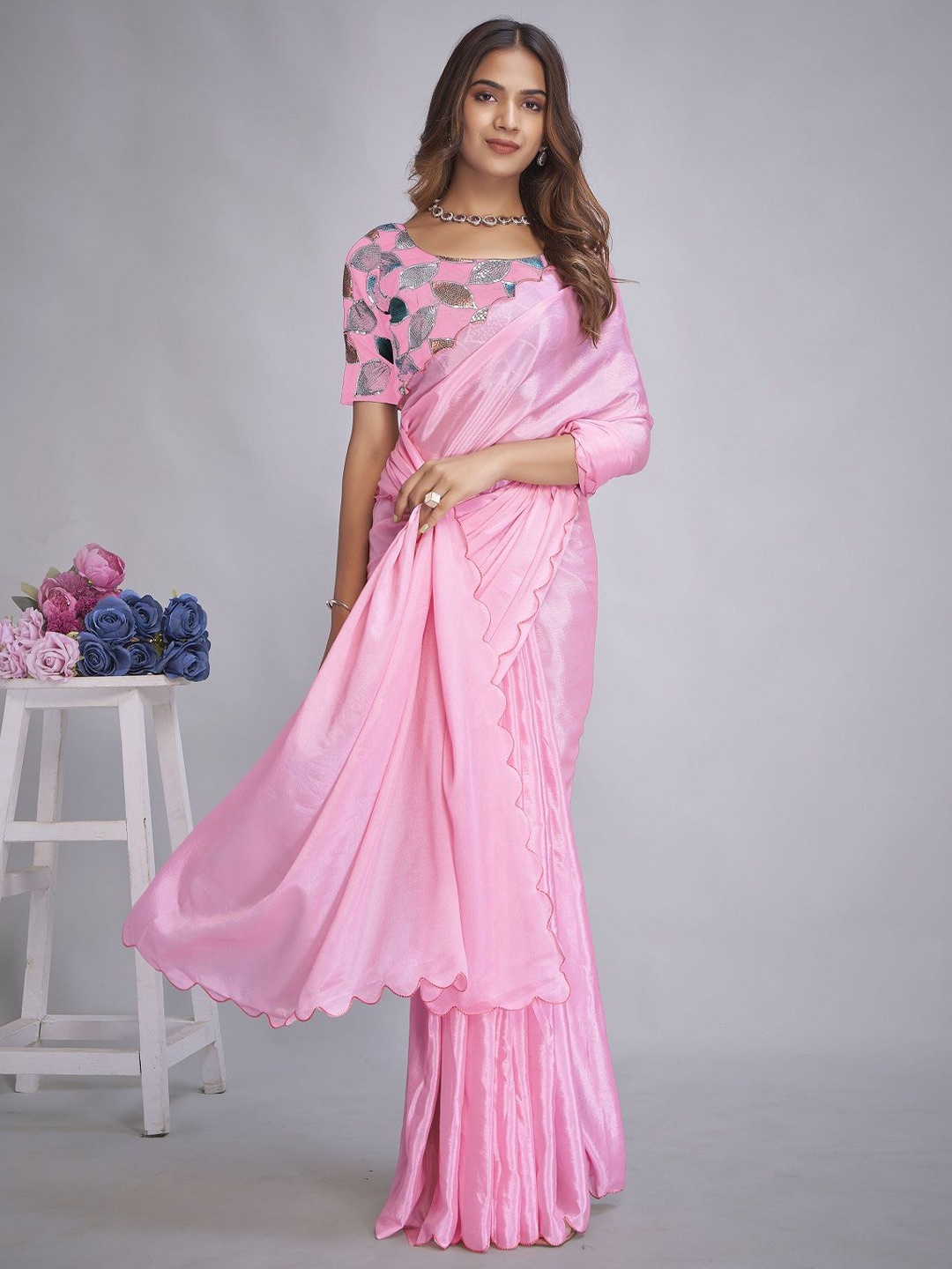 

JULEE Embroidered Pure Chiffon Saree, Pink