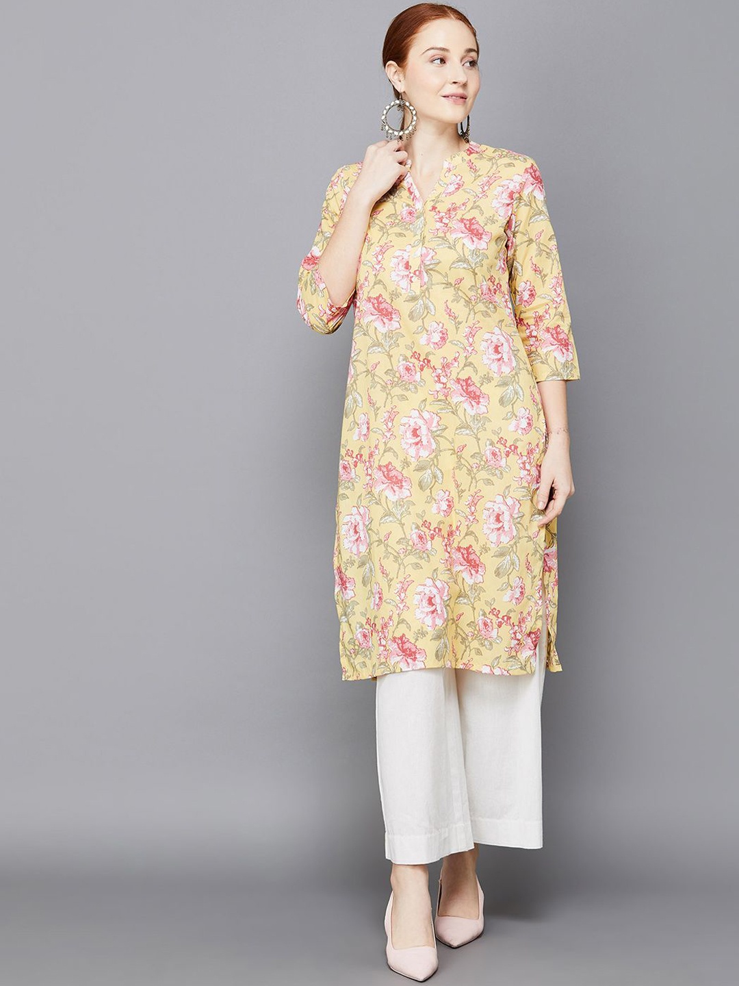 

Melange by Lifestyle Floral Printed Mandarin Collar Straight Kurta, Mustard