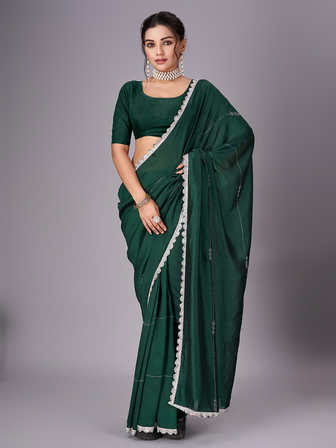 

Sanwariya Silk Embellished Beads and Stones Jute Silk Kanjeevaram Saree, Green