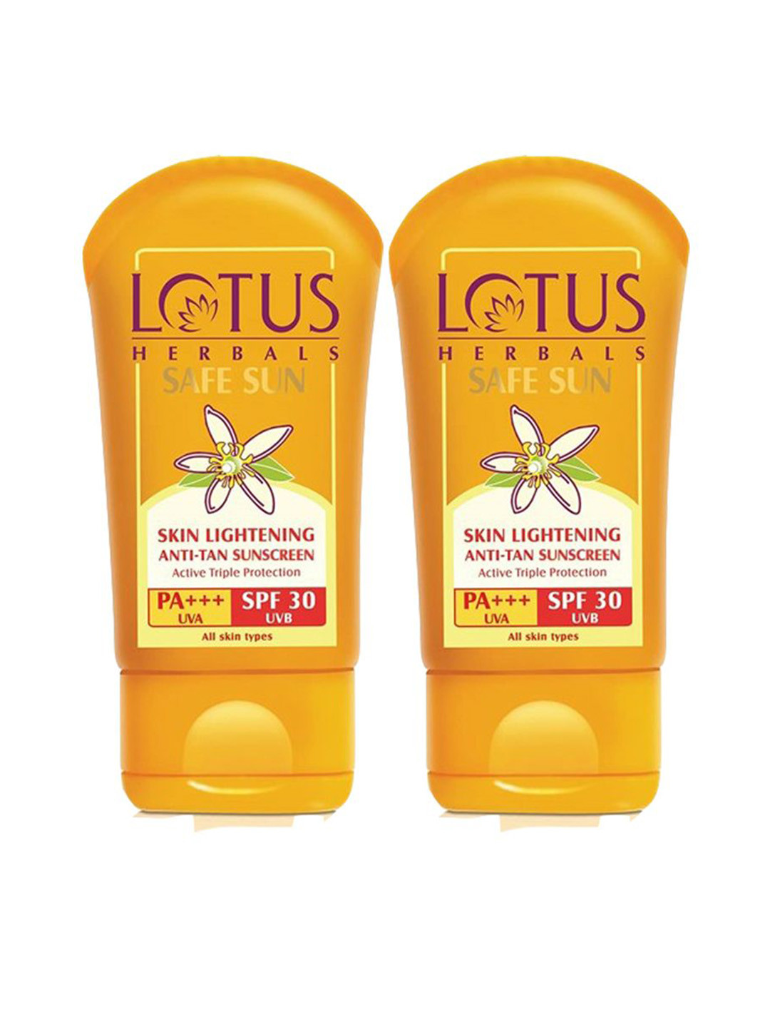 

Lotus Herbals Safe Sun Set Of 2 Skin Lightening Anti Tan SPF 30 Sunscreen - 50g Each, Orange