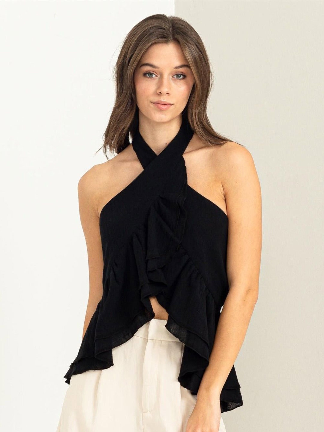 

Stylecast X Slyck Halter Neck Ruffles Smocked Top, Black