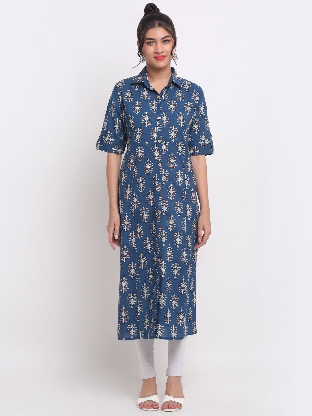 

KALINI Floral Printed Shirt Collar Cotton Straight Kurta, Blue