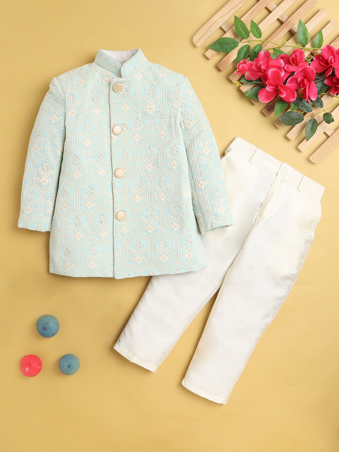 

Jeetethnics Boys Floral Embroidered Regular Kurta with Pyjamas, Blue