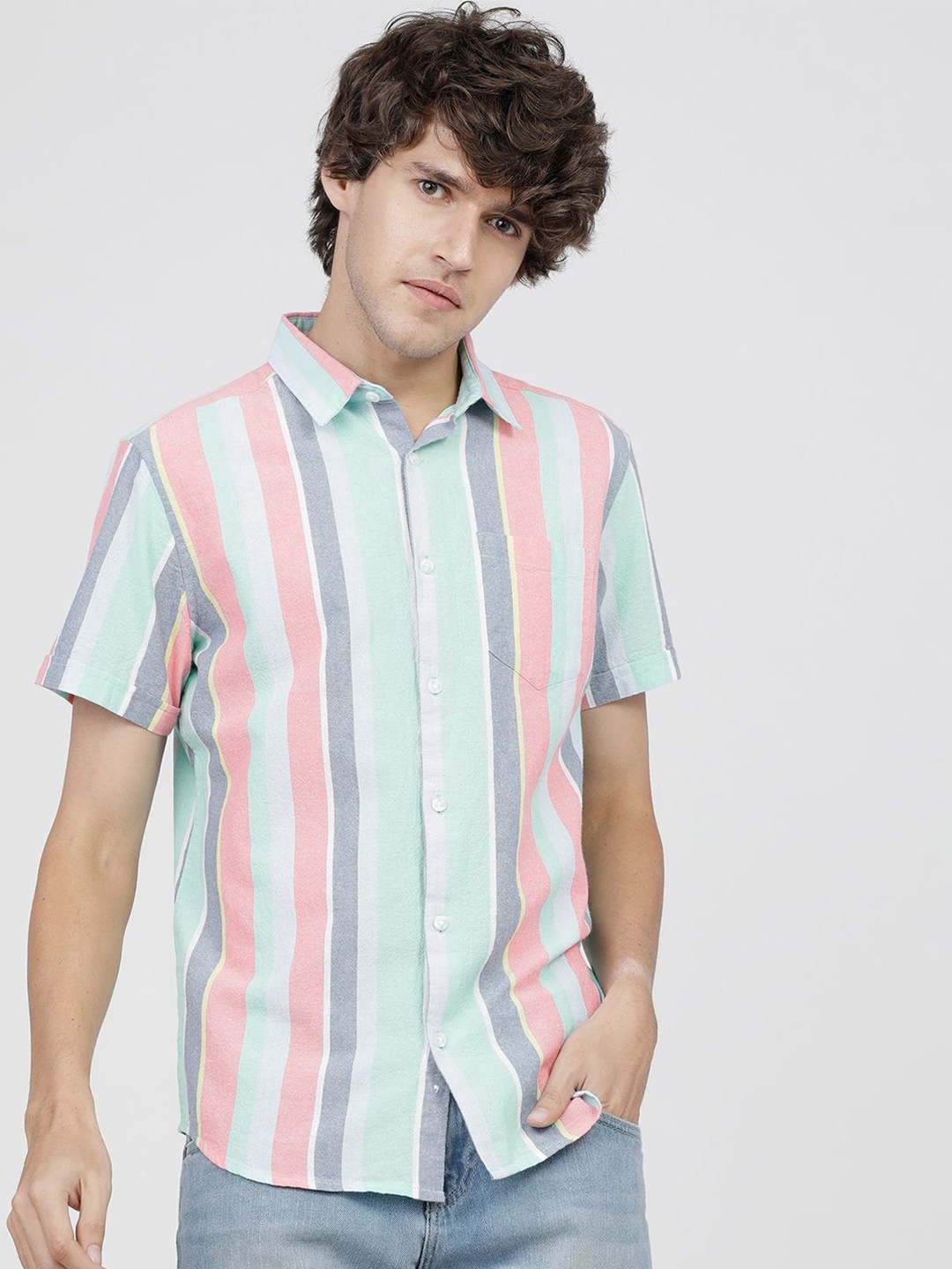 

HIGHLANDER Men Slim Fit Multi Stripes Opaque Striped Casual Shirt, Blue