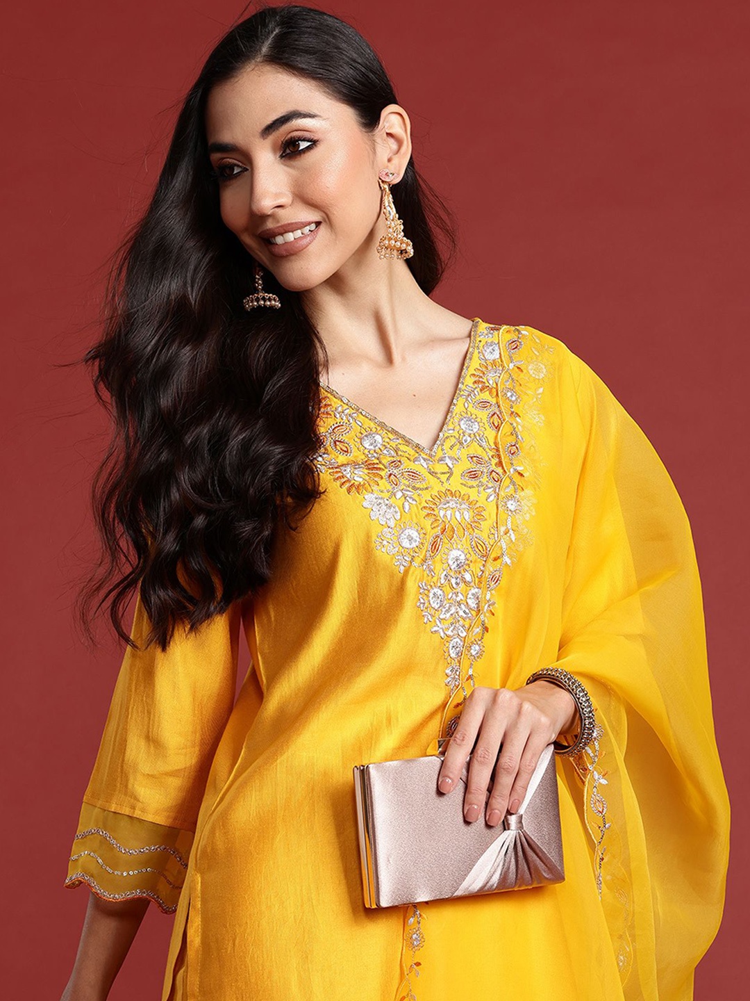 

Anouk Women Floral Embroidered Regular Thread Work Liva Kurta with Trousers & With Dupatta, Yellow