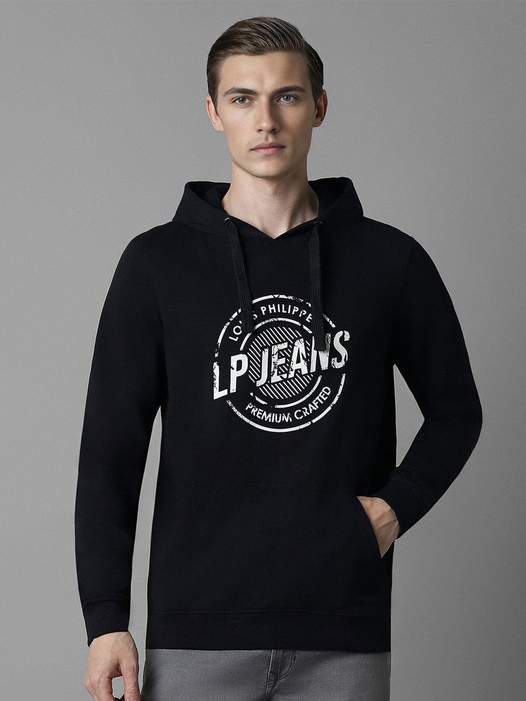 

Louis Philippe Jeans Men Typography Printed Hooded Sweatshirt, Black