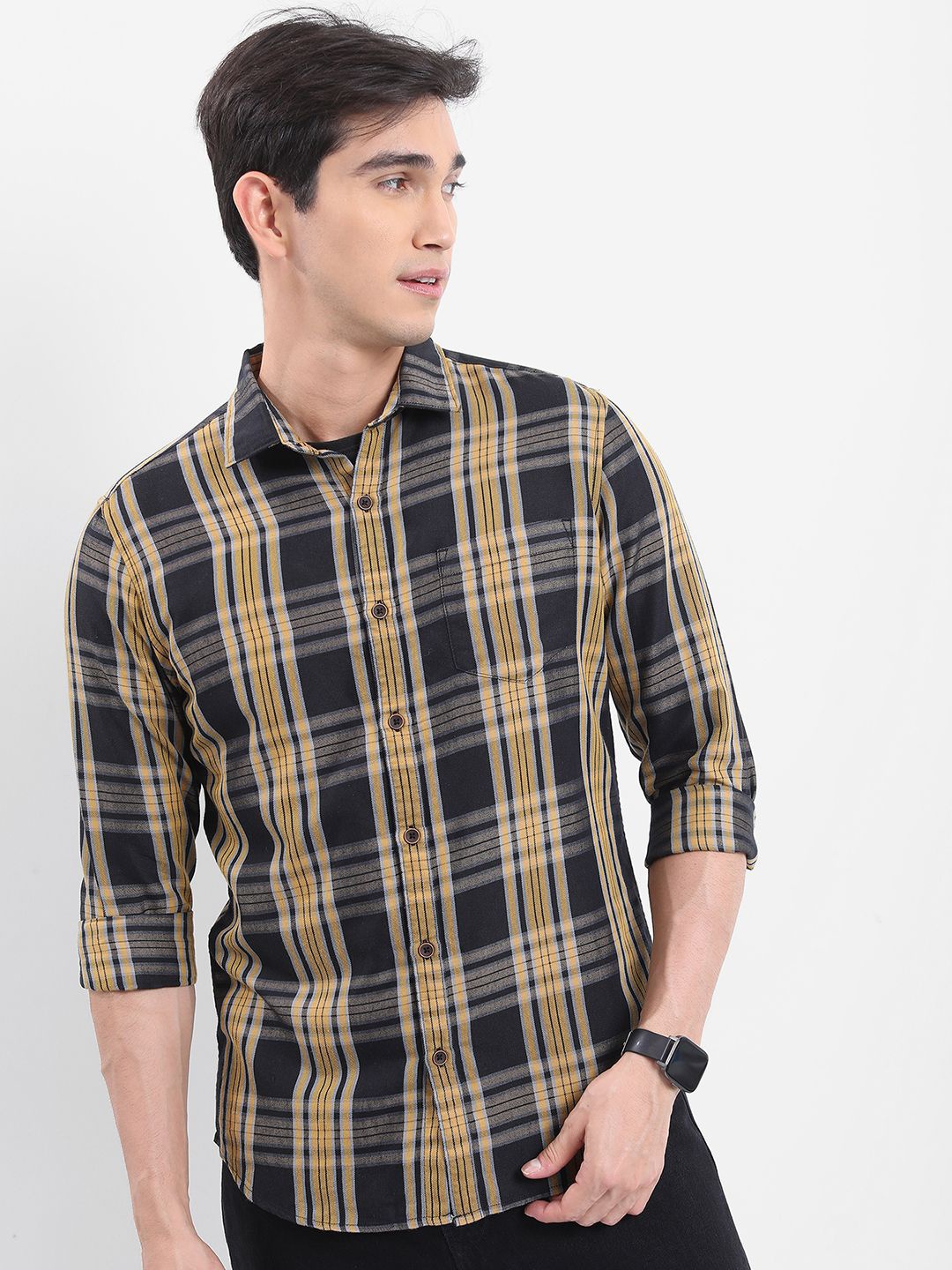 

HIGHLANDER Men Slim Fit Tartan Checks Opaque Checked Casual Shirt, Black