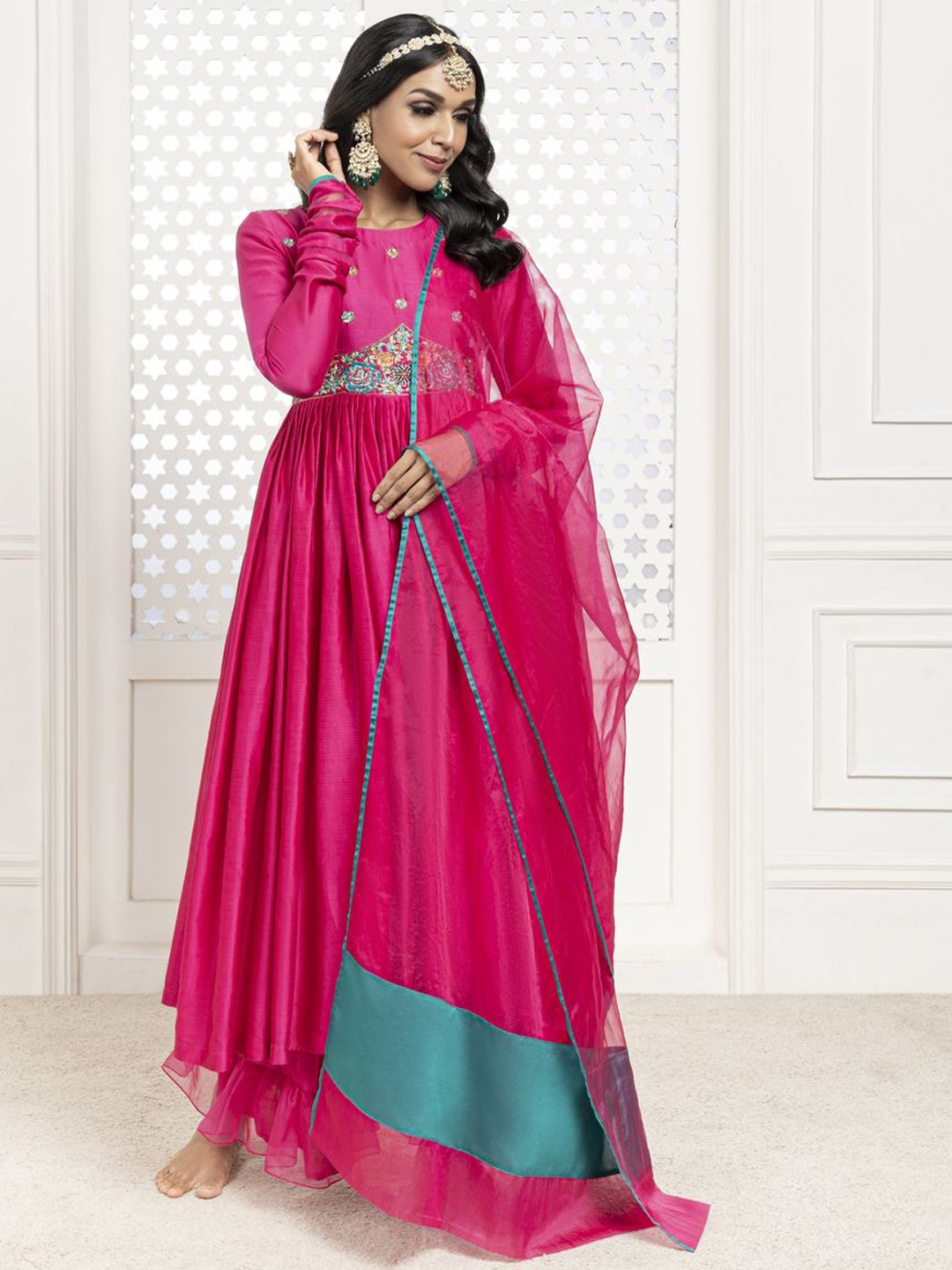 

The Aarya Floral Yoke Design Chanderi Cotton Anarkali Kurta with Palazzos & With Dupatta, Pink