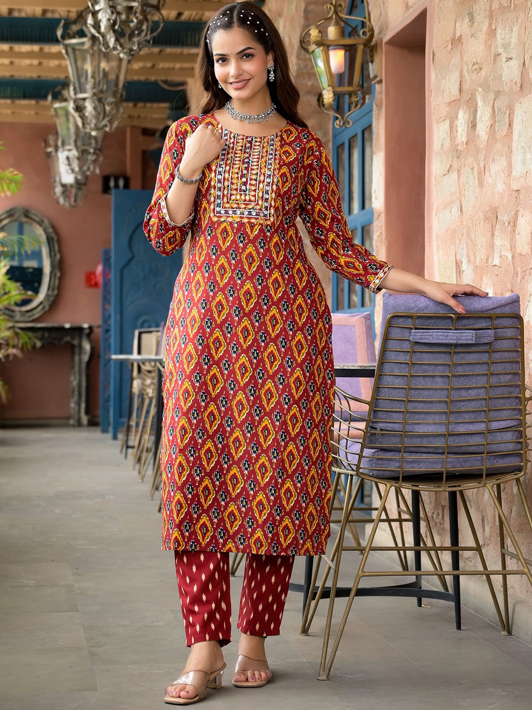 

KALINI Ethnic Motifs Printed Straight Kurta, Red