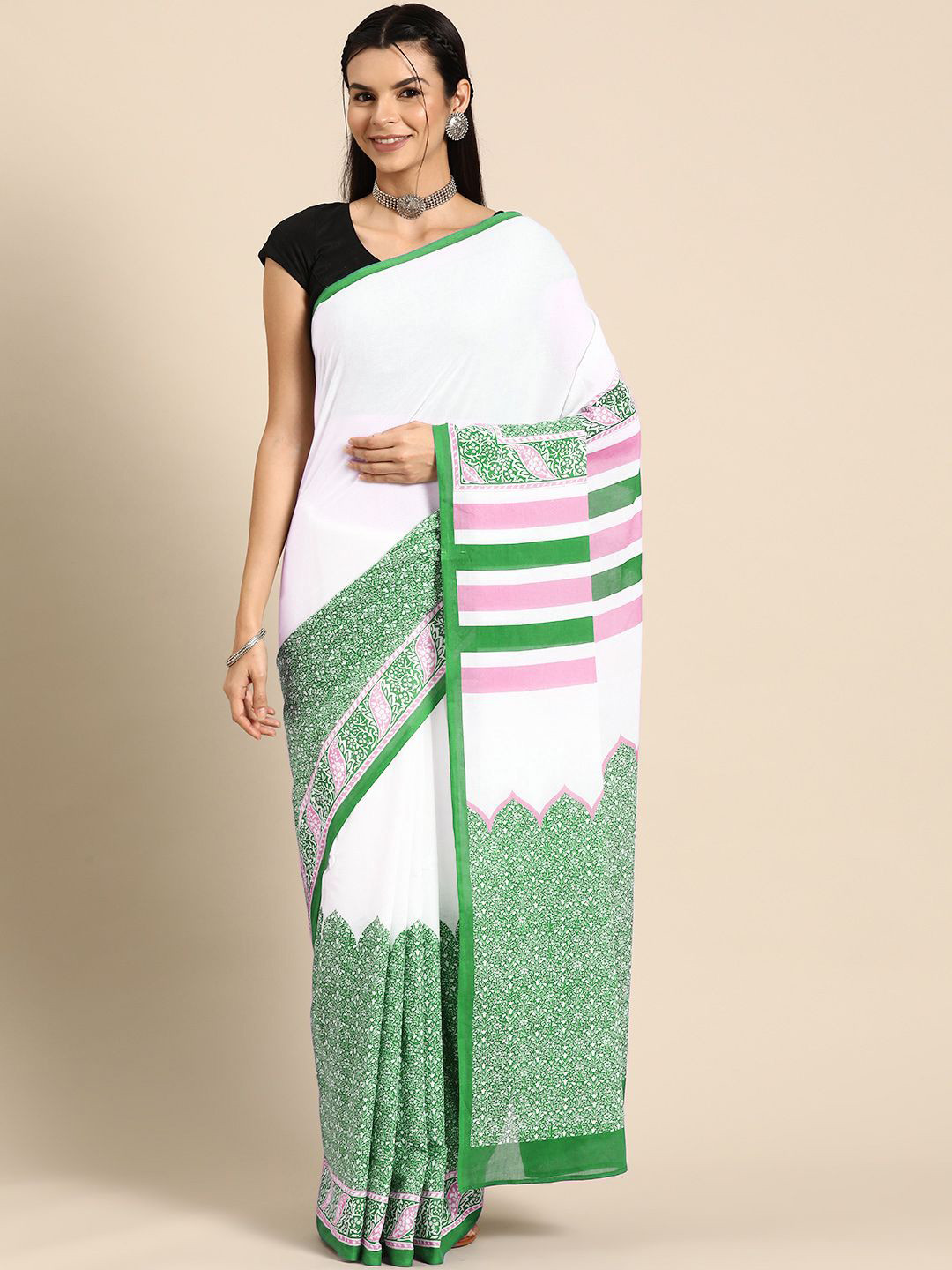 

BUTA BUTI Floral Pure Cotton Saree, Green