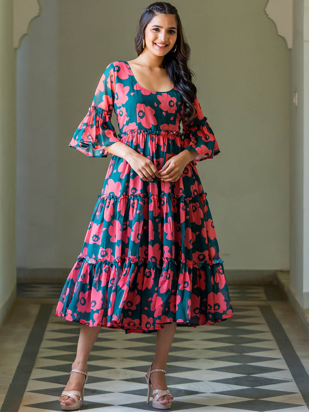 

ASPORA Printed Fit & Flared Midi Ethnic Dress, Green