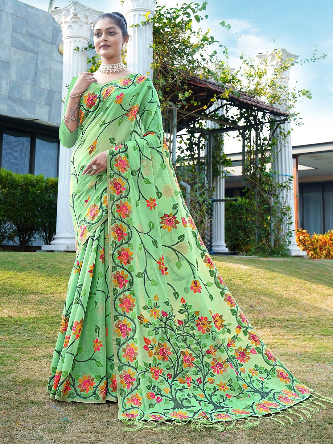 

Satrani Ethnic Motifs Kashida Pure Cotton Jamdani Saree, Green