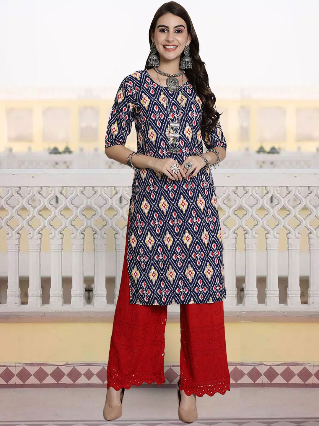 

KALINI Ethnic Motifs Printed Round Neck Crepe Straight Kurta, Navy blue