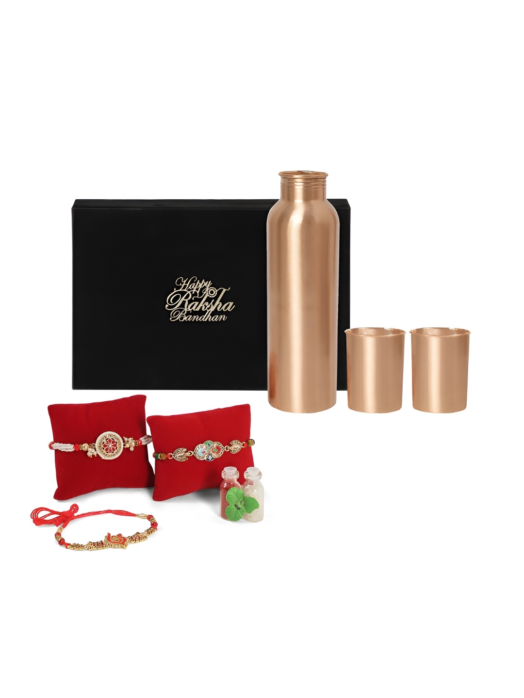 

INTERNATIONAL GIFT Set Of 6 Rakhi With Water Bottle & Glass, Copper