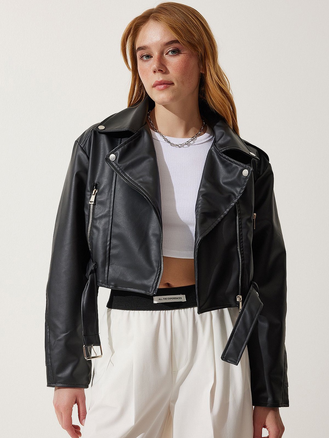 

Happiness istanbul Women Solid Leather Crop Jacket, Black