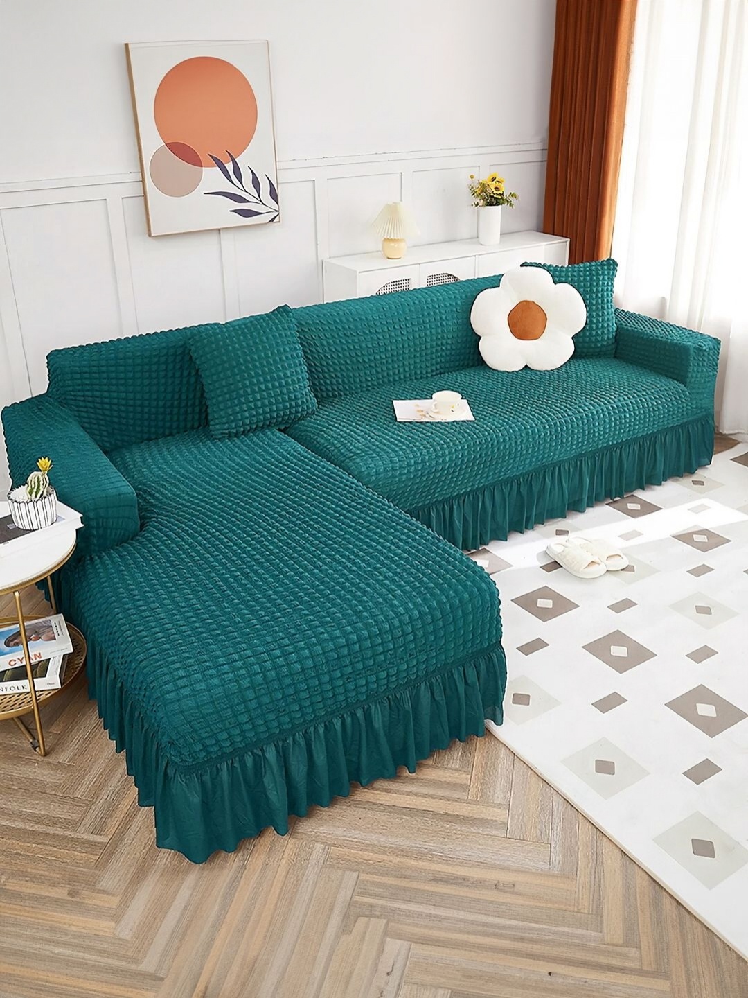 

Cortina Teal Green 2 Pieces Self Design 4 Seater Sofa Cover With Arms