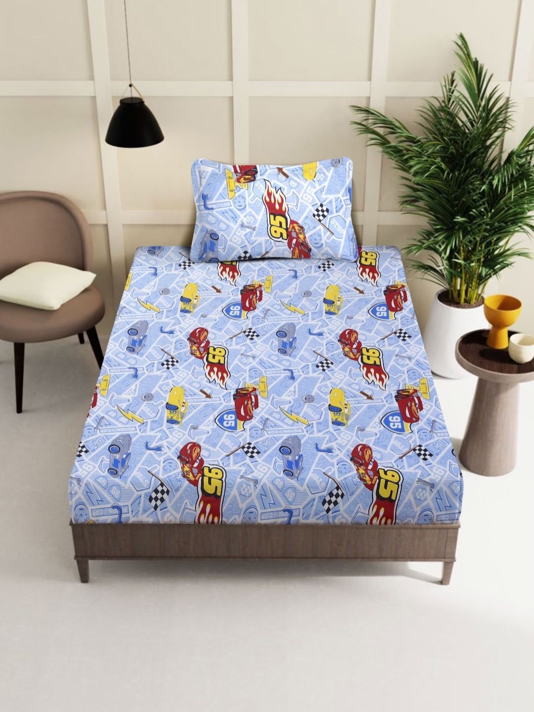 

KLOTTHE Blue Graphic 400 TC Cotton Single Fitted Bedsheet With Pillow Cover