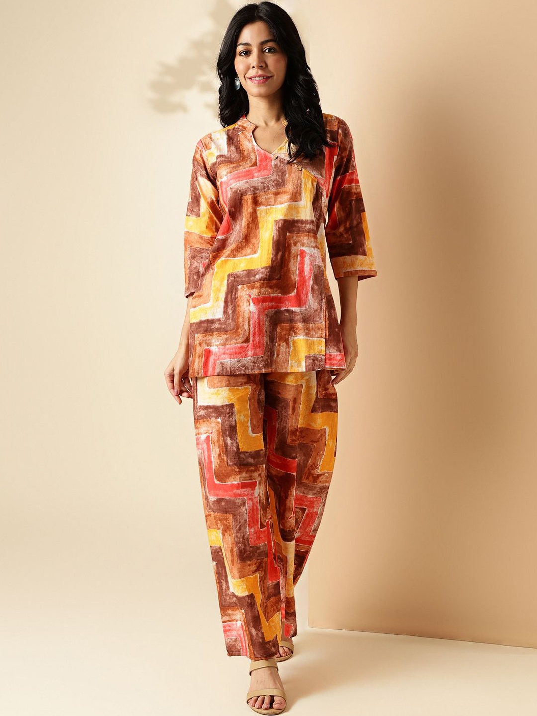 

Vbuyz Geomtric Printed Pure Cotton Tunic & Trousers, Mustard