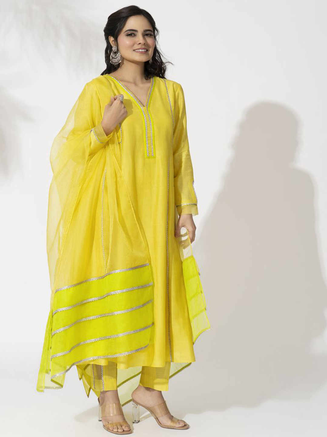 

The Aarya Gotta Patti V-Neck A-Line Kurta With Palazzos & Dupatta, Yellow