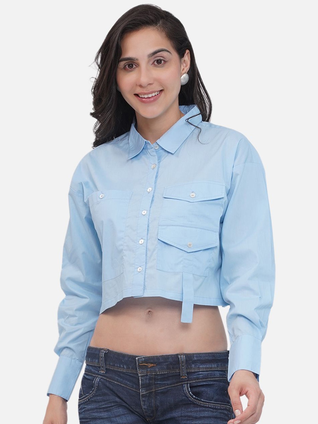 

KALINI Cotton Shirt Style Crop Top, Blue