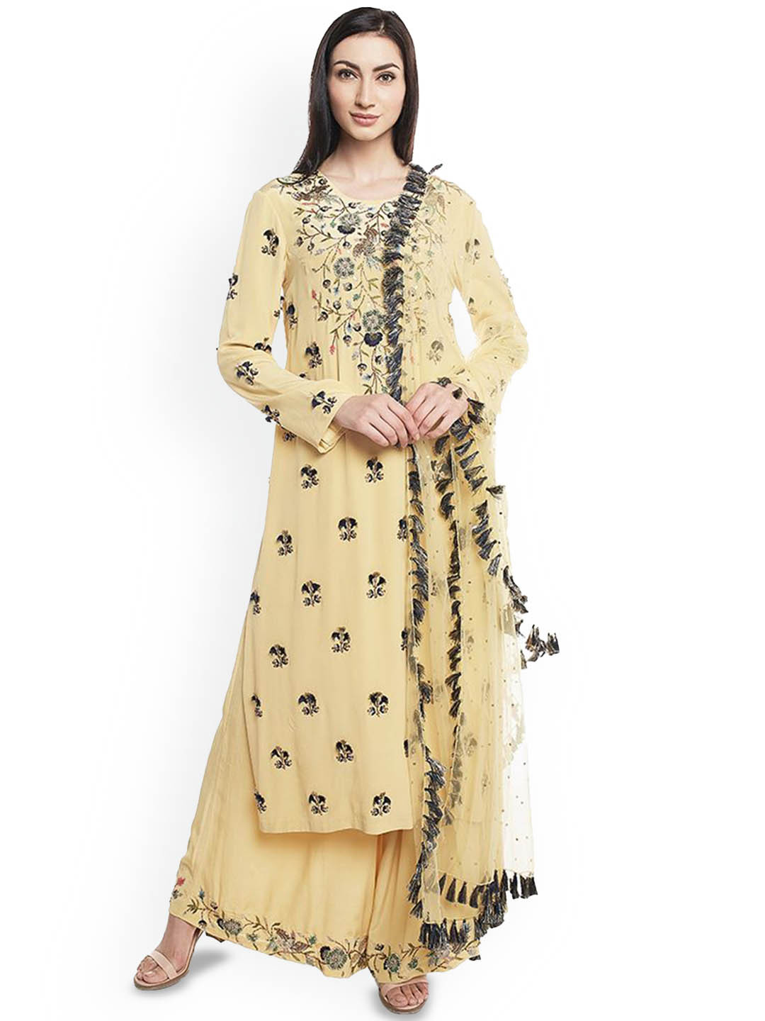 

Payal Singhal Floral Embroidered Round Neck Kurta with Palazzos & With Dupatta, Yellow