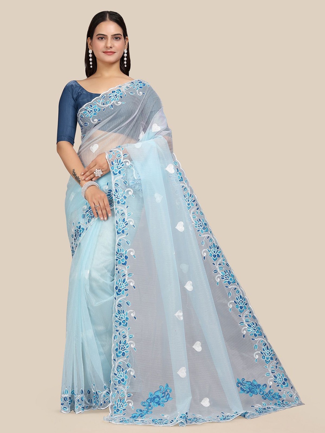 

APNISHA Embellished Embroidered Net Saree, Turquoise blue