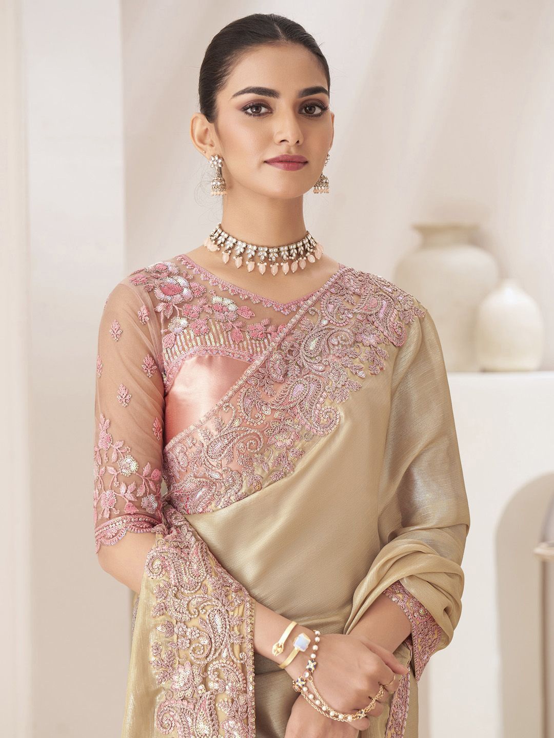 

Mitera Sequinned Pure Chiffon Saree, Cream