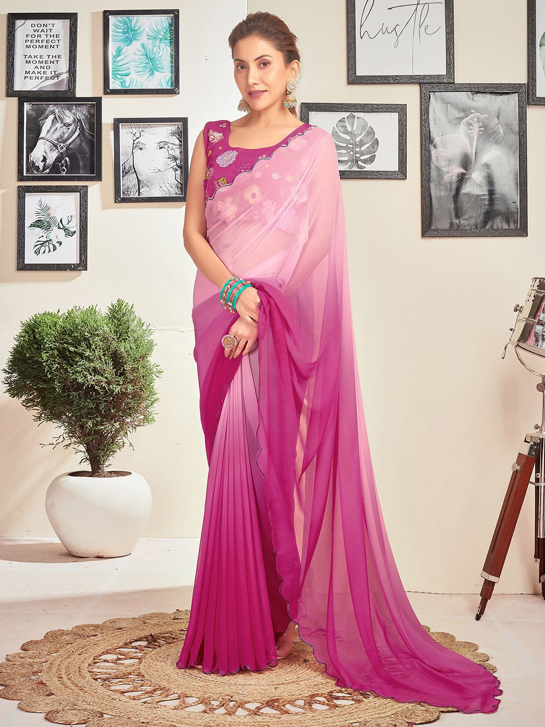 

Satrani Ombre Embroidered Pure Georgette Saree, Pink