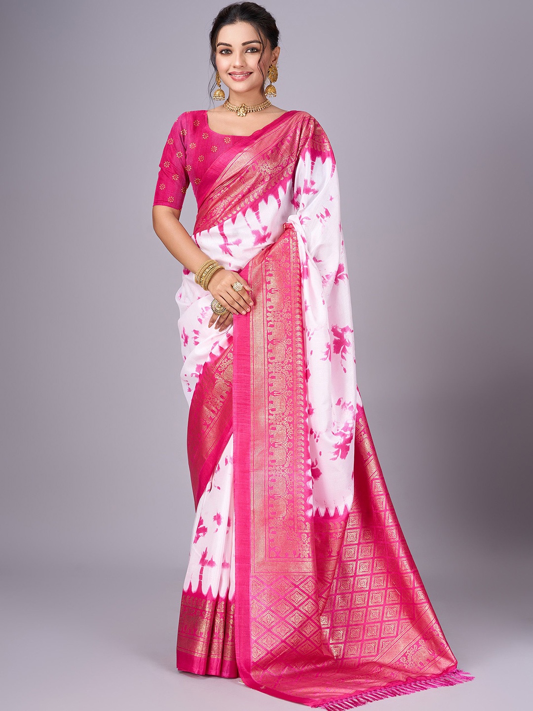 

SANJANA SILK Tie and Dye Zari Art Silk Chanderi Saree, Pink