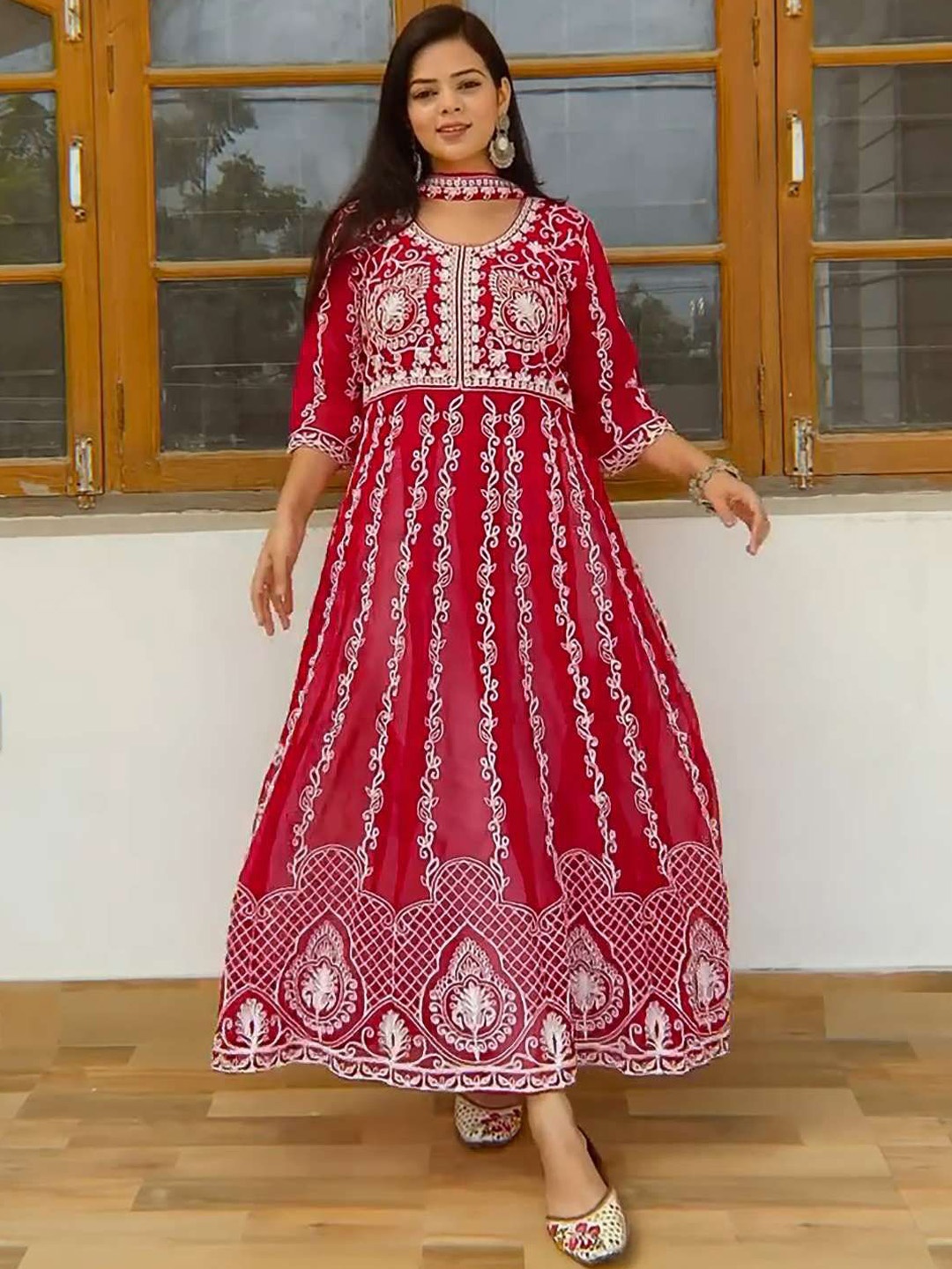 

KALINI Round Neck Thread Work Georgette Anarkali Kurta, Maroon