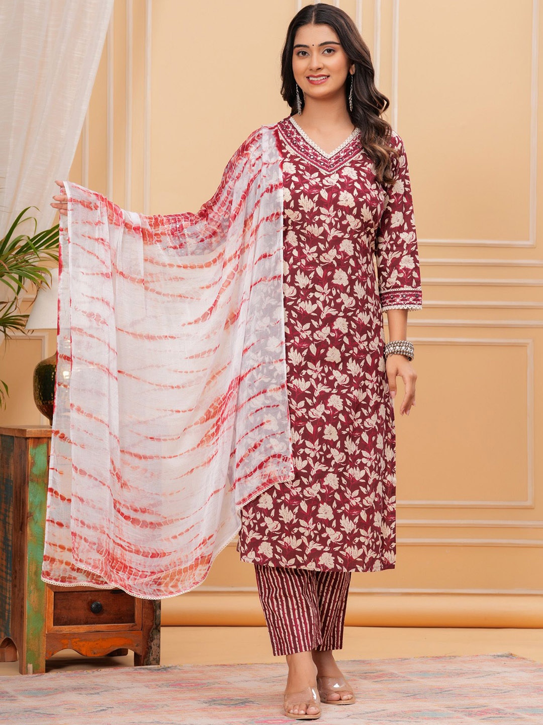 

Light Daisy Floral Printed Mirror Work Pure Cotton Straight Kurta with Trousers & Dupatta, Maroon