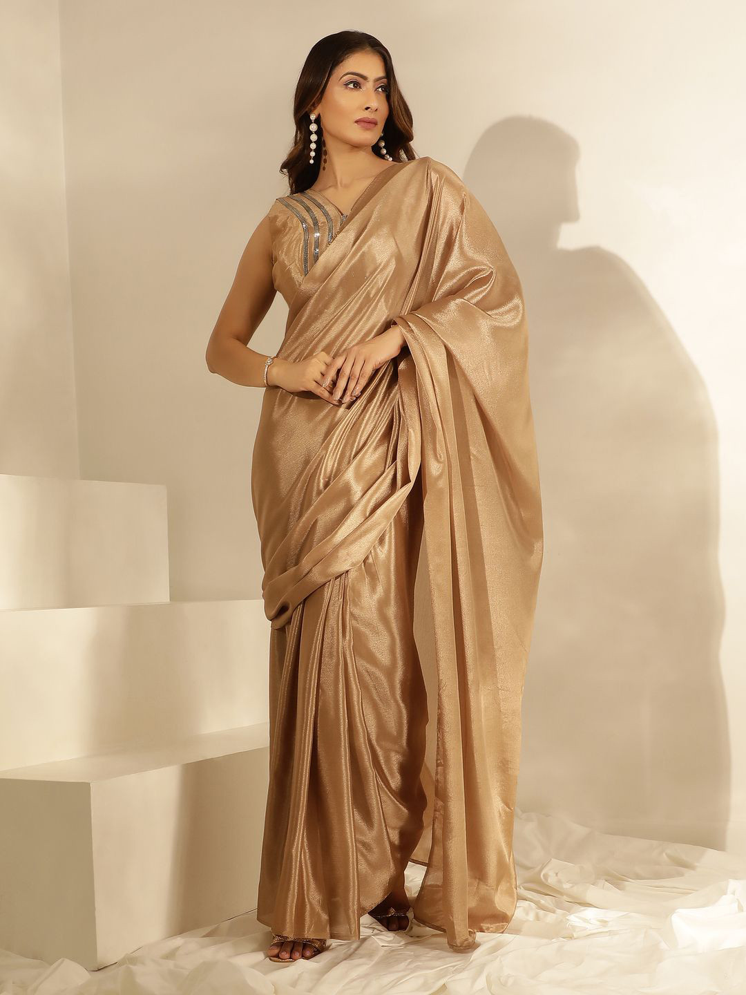 

AMOHA TRENDZ Embellished Beads and Stones Silk Blend Ready to Wear Saree, Brown