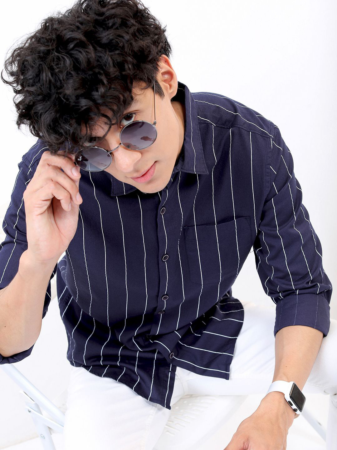 

HIGHLANDER Men Slim Fit Opaque Striped Casual Shirt, Navy blue