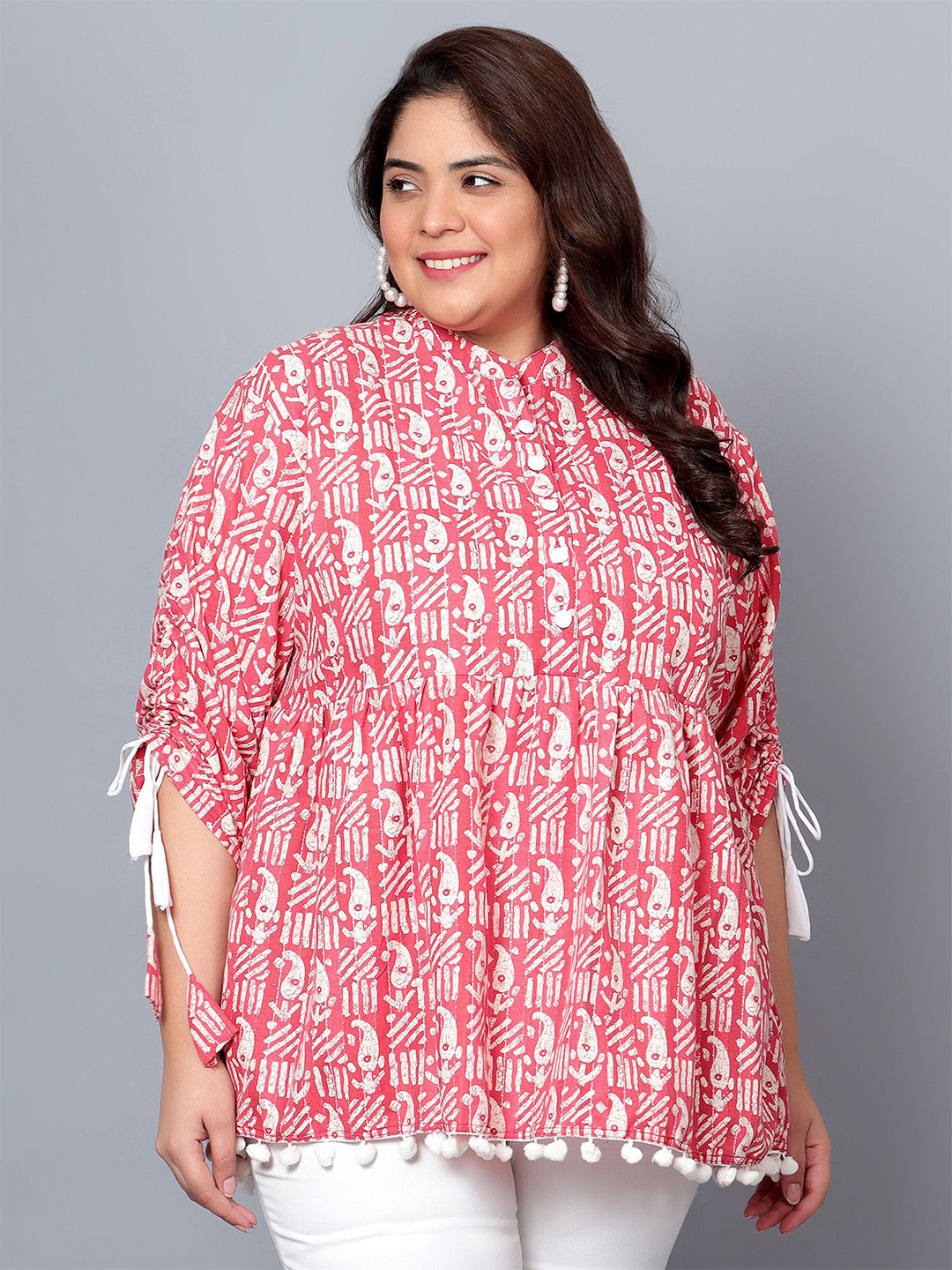 

Indietoga Print Mandarin Collar Ethnic Cotton Top, Red