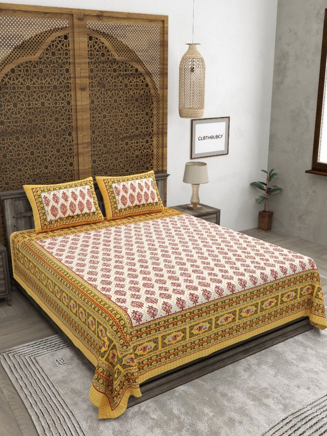 

CLOTHOLOGY Yellow & White Ethnic Motifs 180 TC Cotton King Bedsheet with 2 Pillow Covers