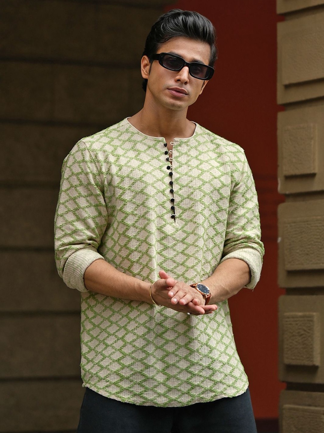 

Powerlook Men Geometric Printed Mandarin Collar India Slim Casual Shirt, Green