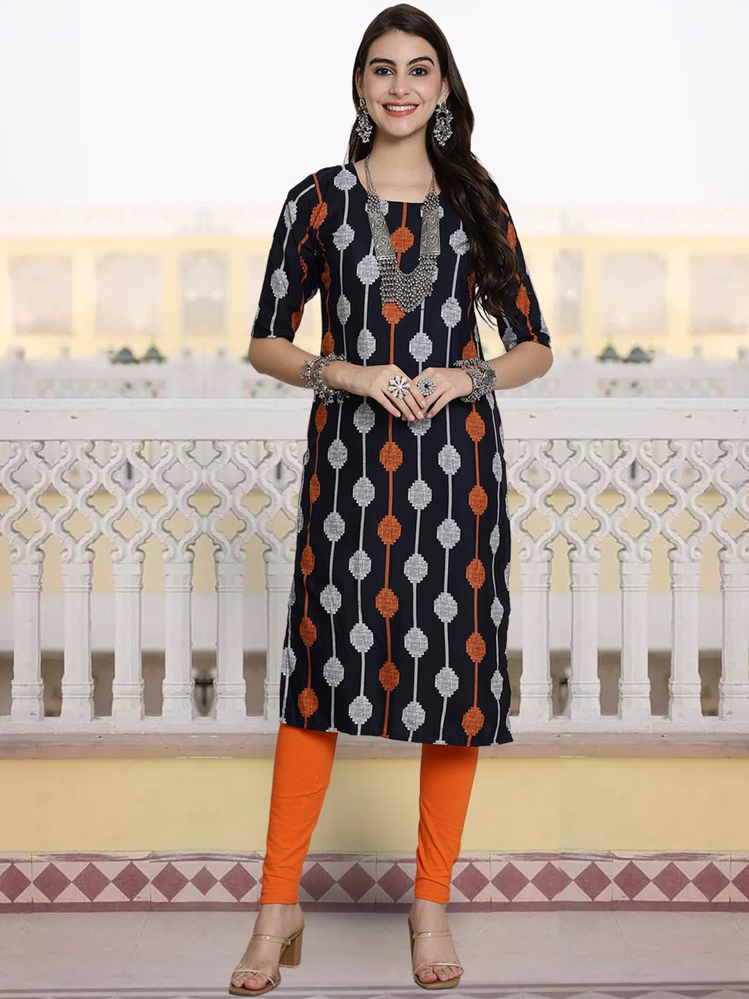 

7Threads Geometric Printed Round Neck Crepe Straight Kurta, Navy blue