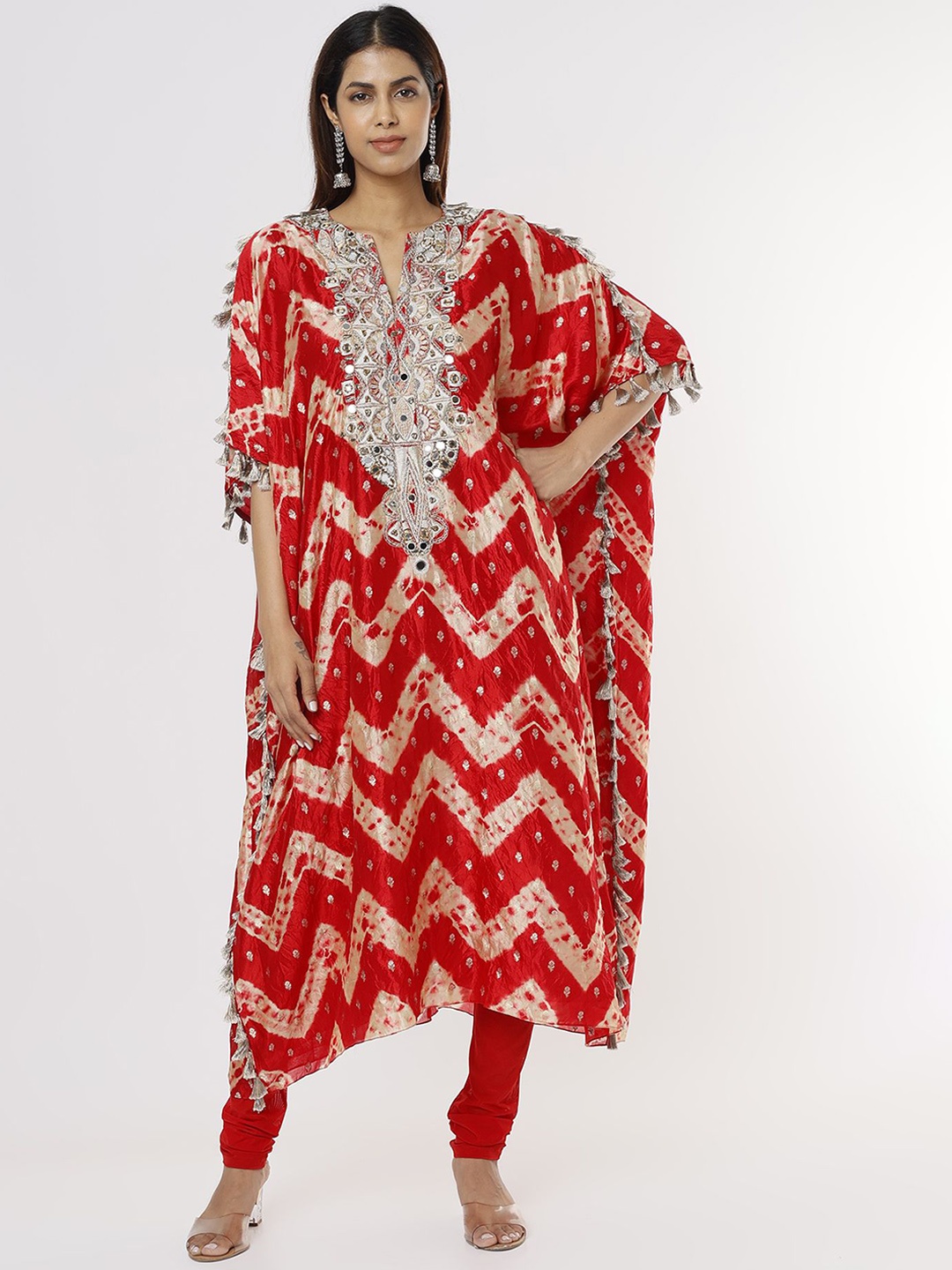 

Payal Singhal Leheriya Bandhani Silk Embroidered Regular Kaftan Kurta with Churidar, Red