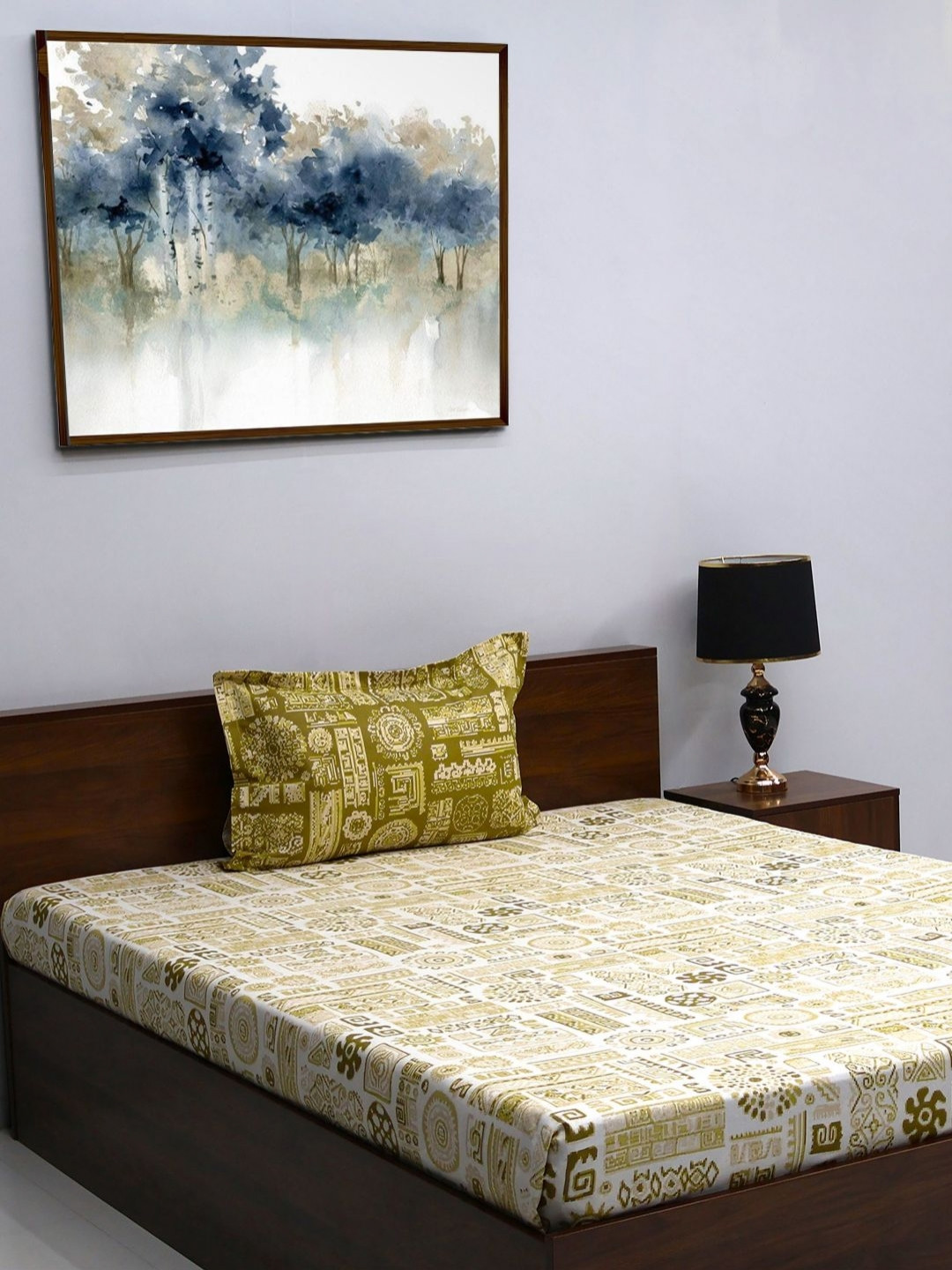 

BOMBAY DYEING Blumen Olive Green & White Geometric 104 TC Pure Cotton Single Bedsheet Set