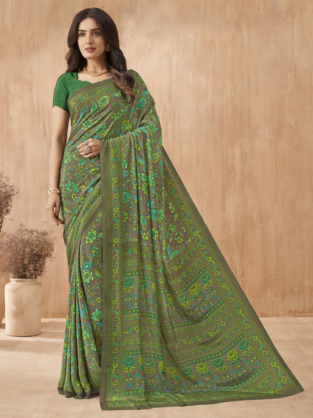 

Mitera Floral Poly Crepe Bagru Saree, Olive