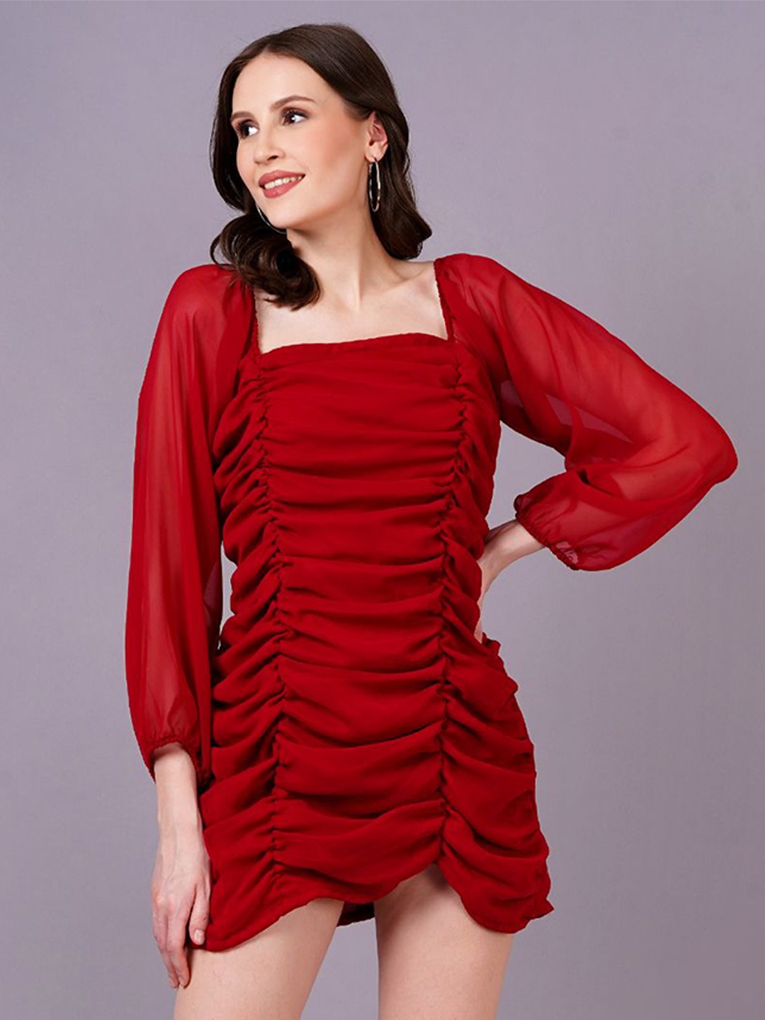 

KALINI Puff Sleeve Georgette Sheath Mini Dress, Red