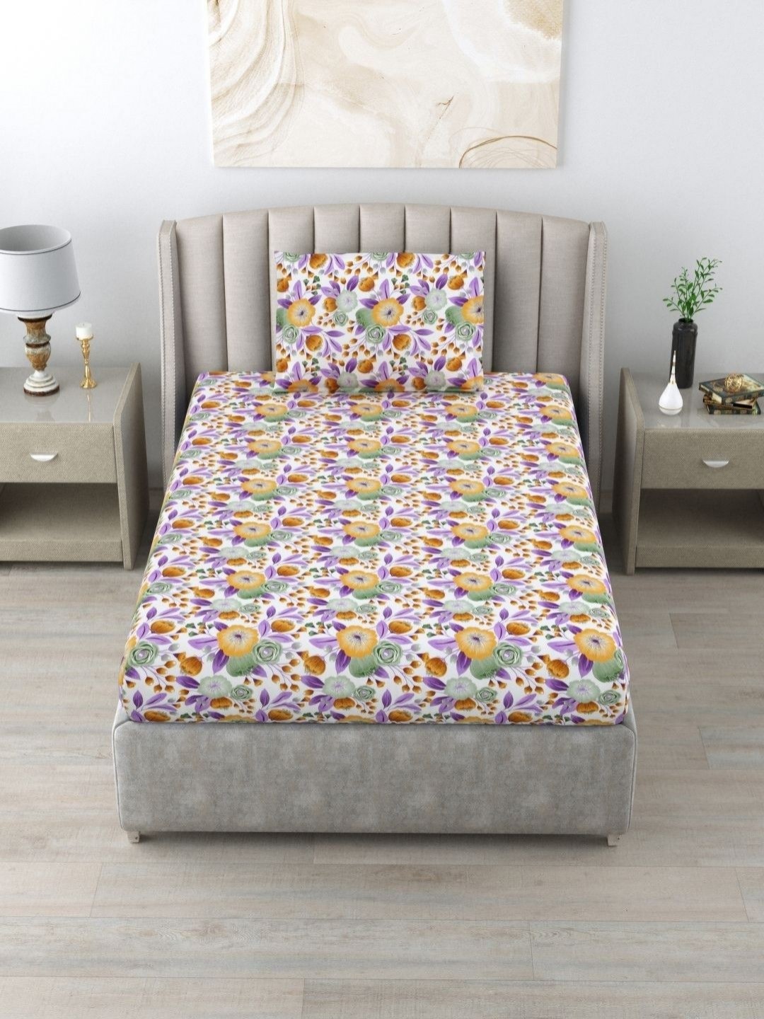 

BOMBAY DYEING Cardinal Brown & White Floral 120 TC Pure Cotton Single Bedsheet Set