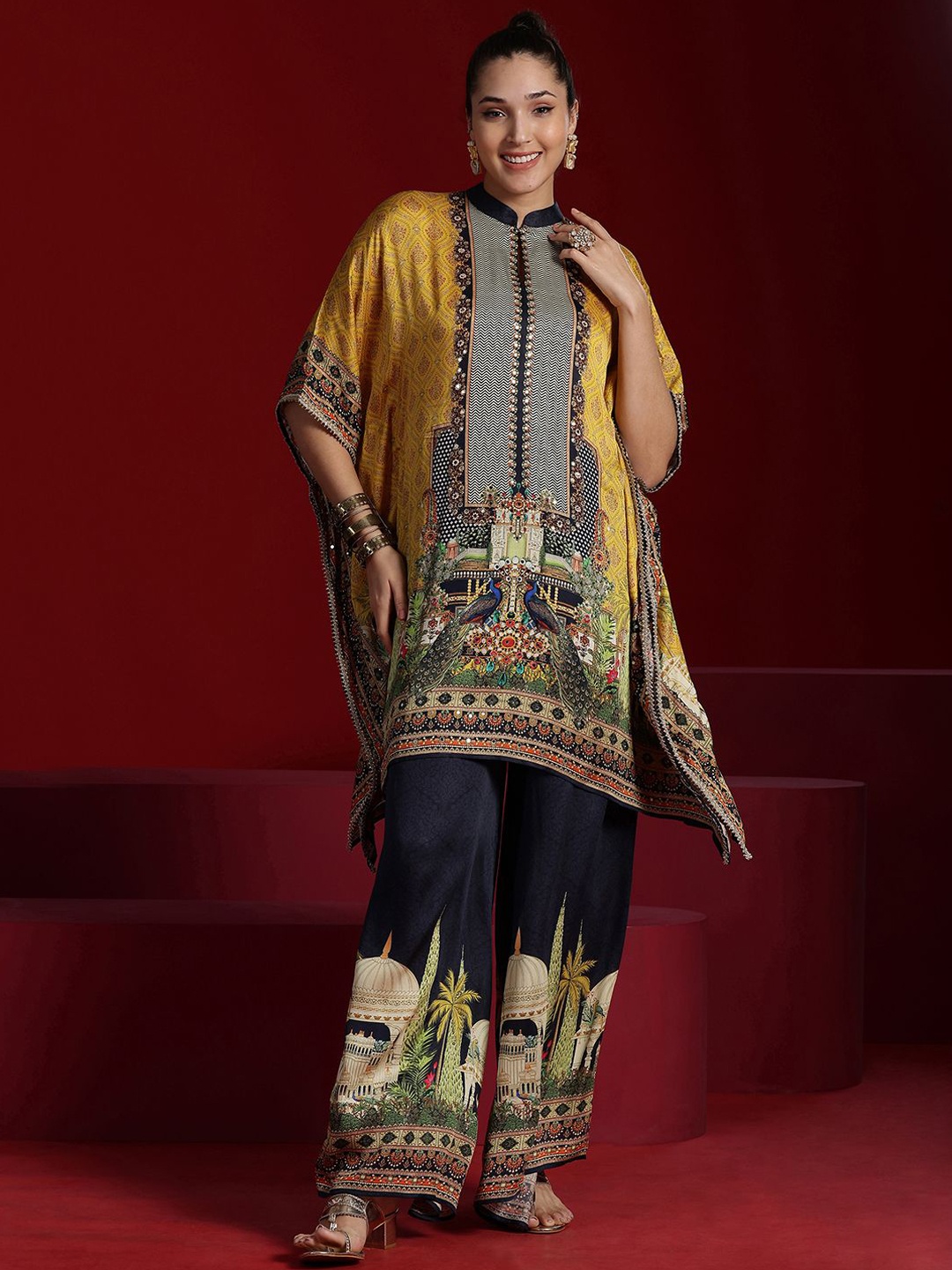 

Libas Art Ethnic Motifs Printed Kaftan Kurta with Palazzos, Mustard