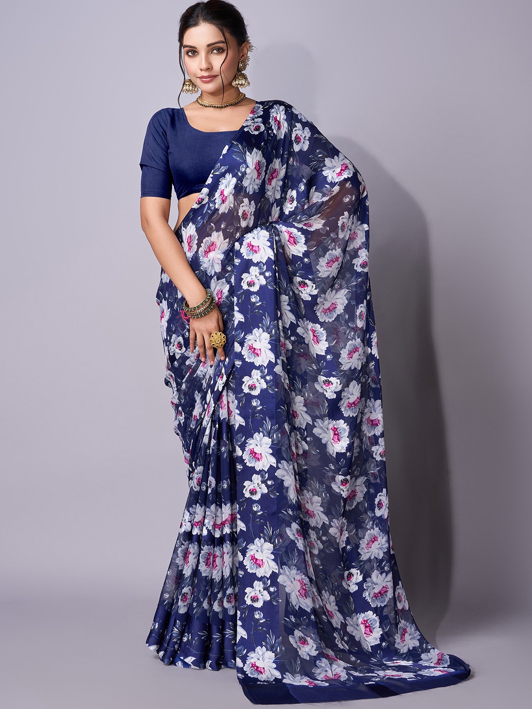 

SANJANA SILK Floral Satin Bagh Saree, Navy blue