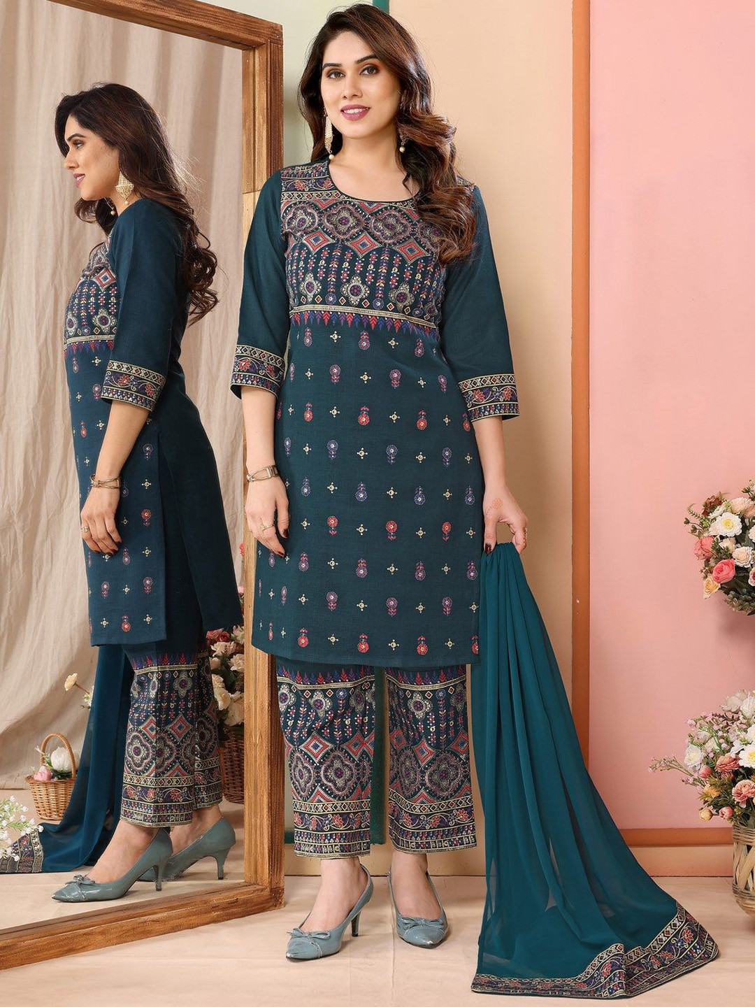 

Titanium Silk Industries Women Printed Regular Kurta with Trousers & With Dupatta, Blue
