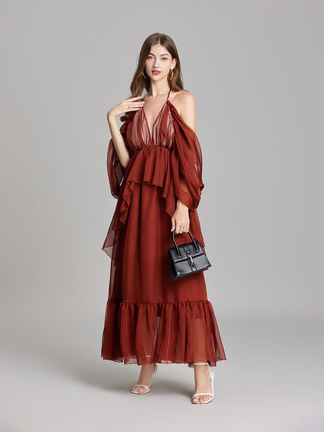

JC Collection Halter Neck Puff Sleeve Maxi Dress, Coffee brown